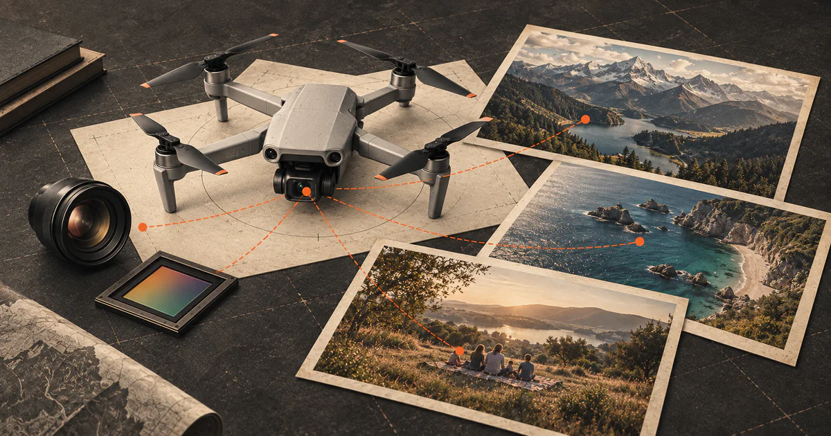 Camera drone connected to landscape, coastal, and family-video image examples on a comparison table.