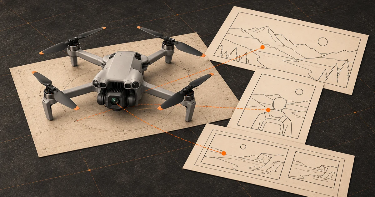 Illustration of a Mini 5 Pro beside drawings of landscape, portrait and tighter framing.
