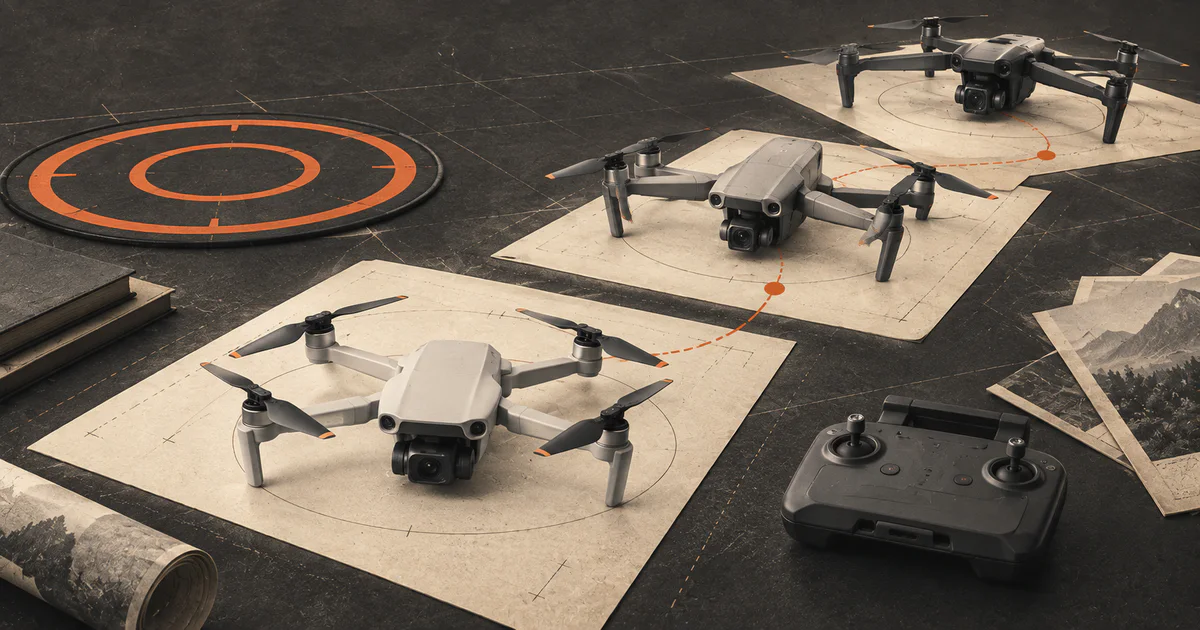 Three camera drones arranged from simple to advanced with a controller and landing pad on a comparison table.