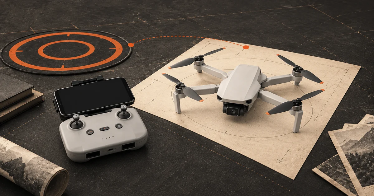 Illustration of a Mini 4K, phone controller and landing pad arranged for beginner flight planning.