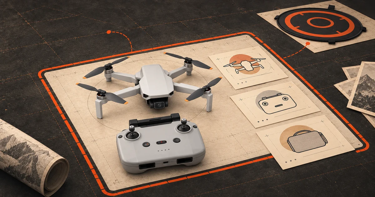 Illustration of a Mini 4K and phone controller beside aircraft, controller and travel-bag planning cards.