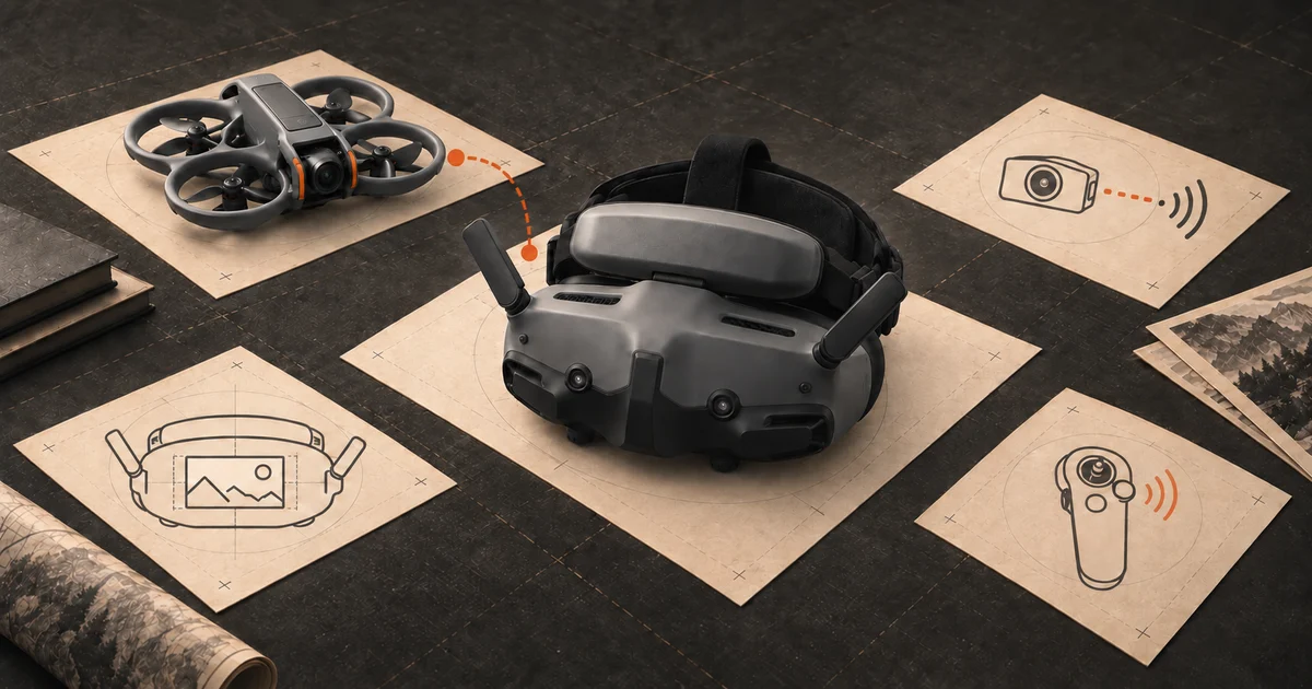 Illustration of Goggles 3 and an Avata 2 beside video, headset and controller concept cards.