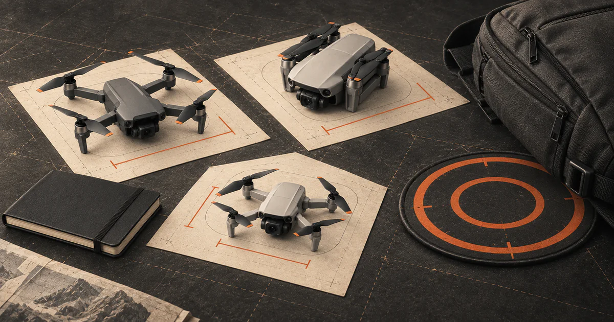 Three compact drones compared beside a travel backpack, notebook, and small landing pad.