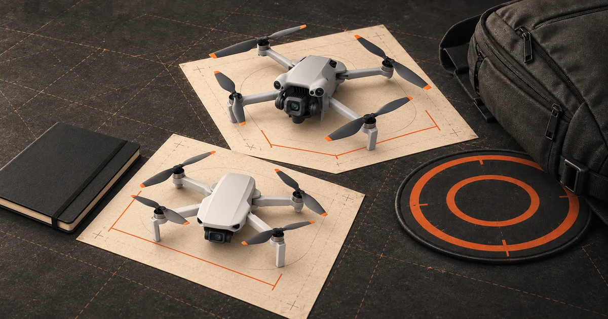 Illustration of a Mini 4K and Mini 5 Pro beside a backpack, notebook and landing pad.