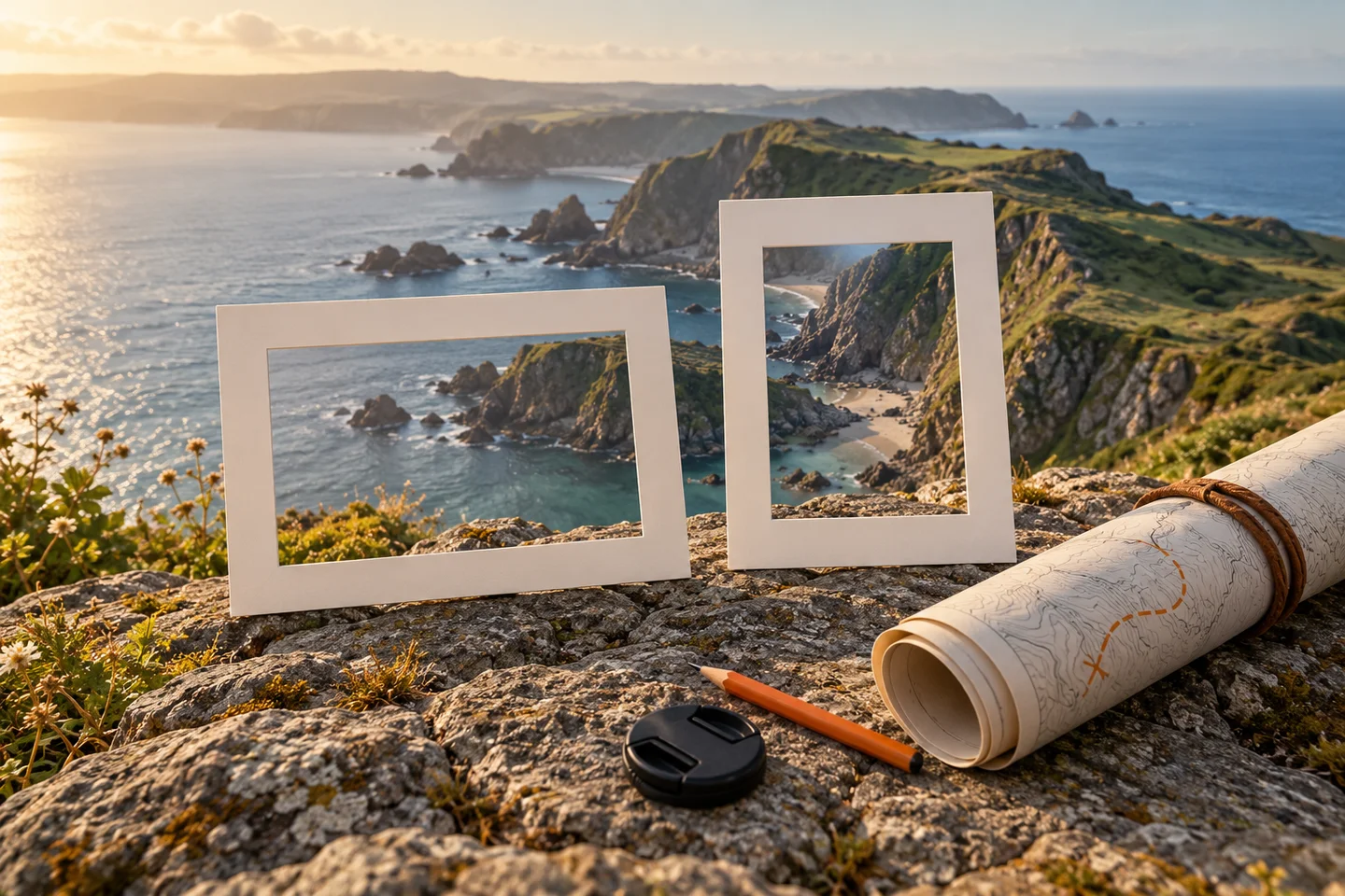 Landscape and portrait paper frames overlooking a coastline beside a route map.