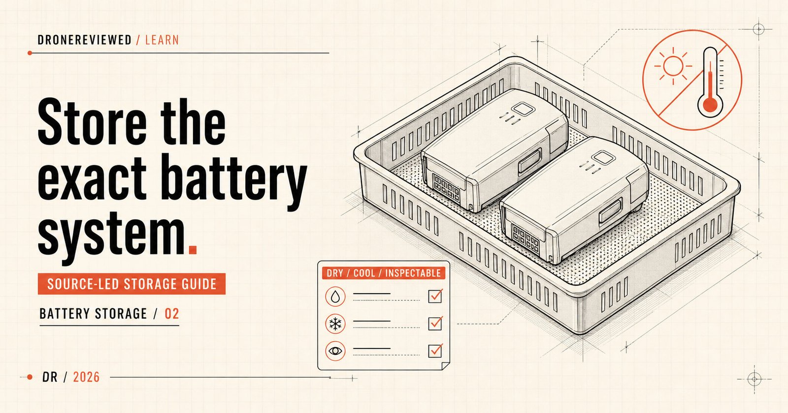 Technical illustration of two consumer drone batteries in a ventilated storage tray with inspection and heat-avoidance symbols.