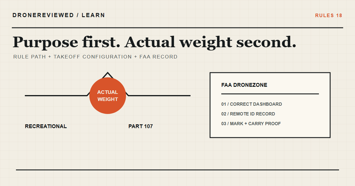 Technical FAA registration decision separating flight purpose, actual takeoff weight, DroneZone record, marking, and certificate.