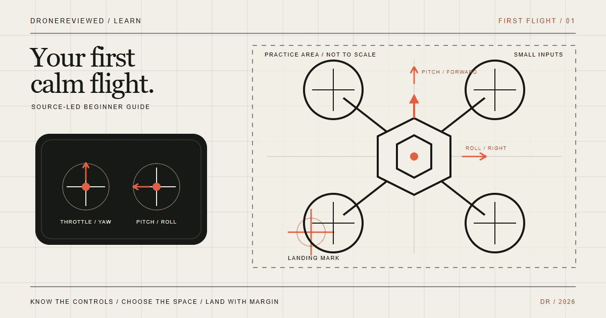 Technical top-view quadcopter diagram with control axes and a marked first-flight practice area.