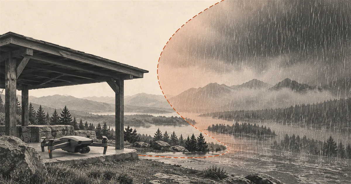 Drone kept on the ground beneath a shelter while heavy rain covers the nearby landscape.