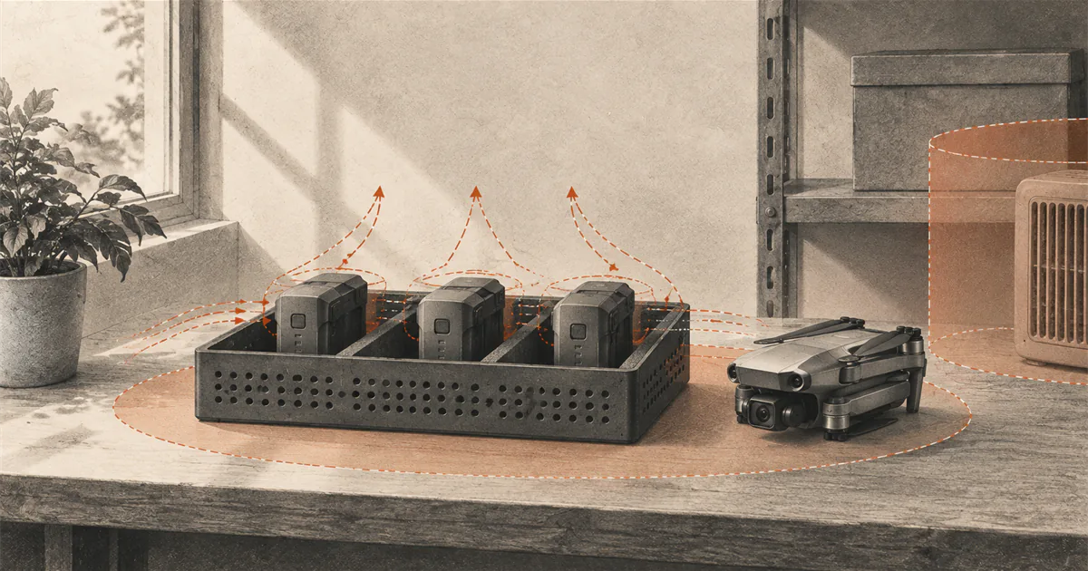Drone batteries spaced in a ventilated storage tray away from a nearby heater.