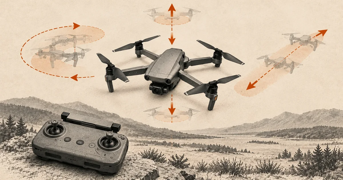 Illustrated camera drone and two-stick controller with orange cues for movement and heading.