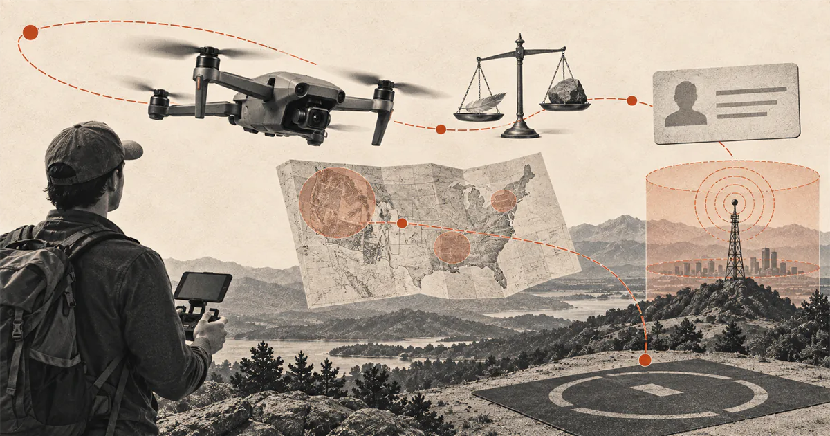 Pilot and drone beside a United States map, balance scale, identification card, and radio tower checkpoints.