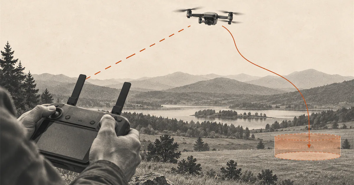 Controller linked to a distant drone by a broken signal path and a separate route to a safe landing area.