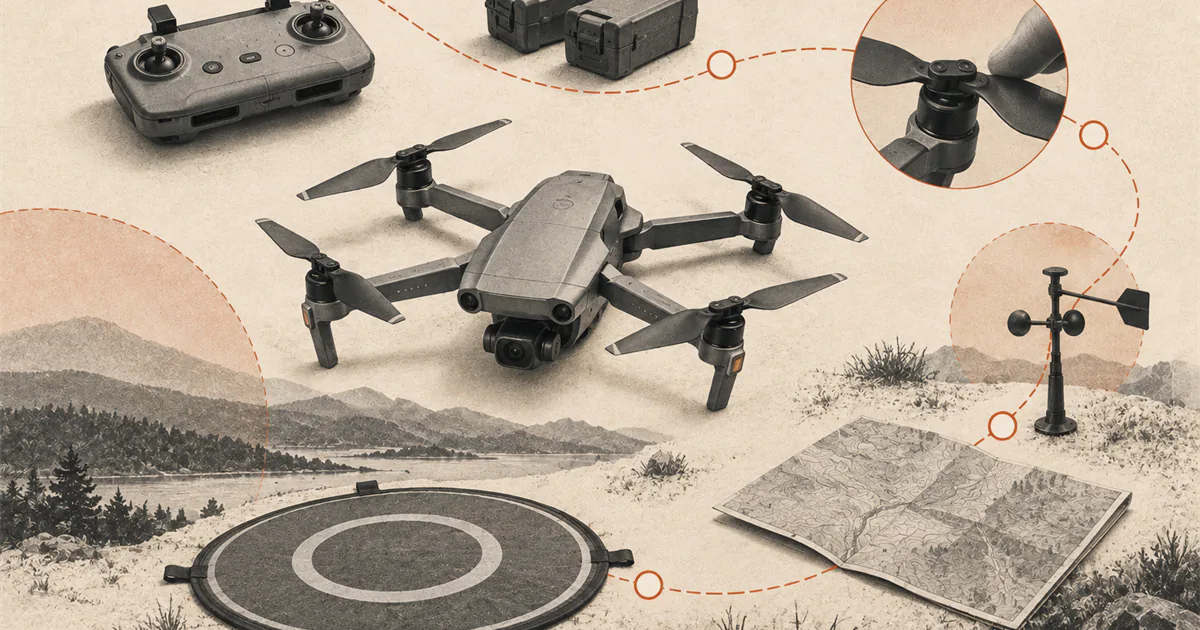 Drone, controller, batteries, propeller, weather vane, map, and landing pad arranged as a preflight sequence.