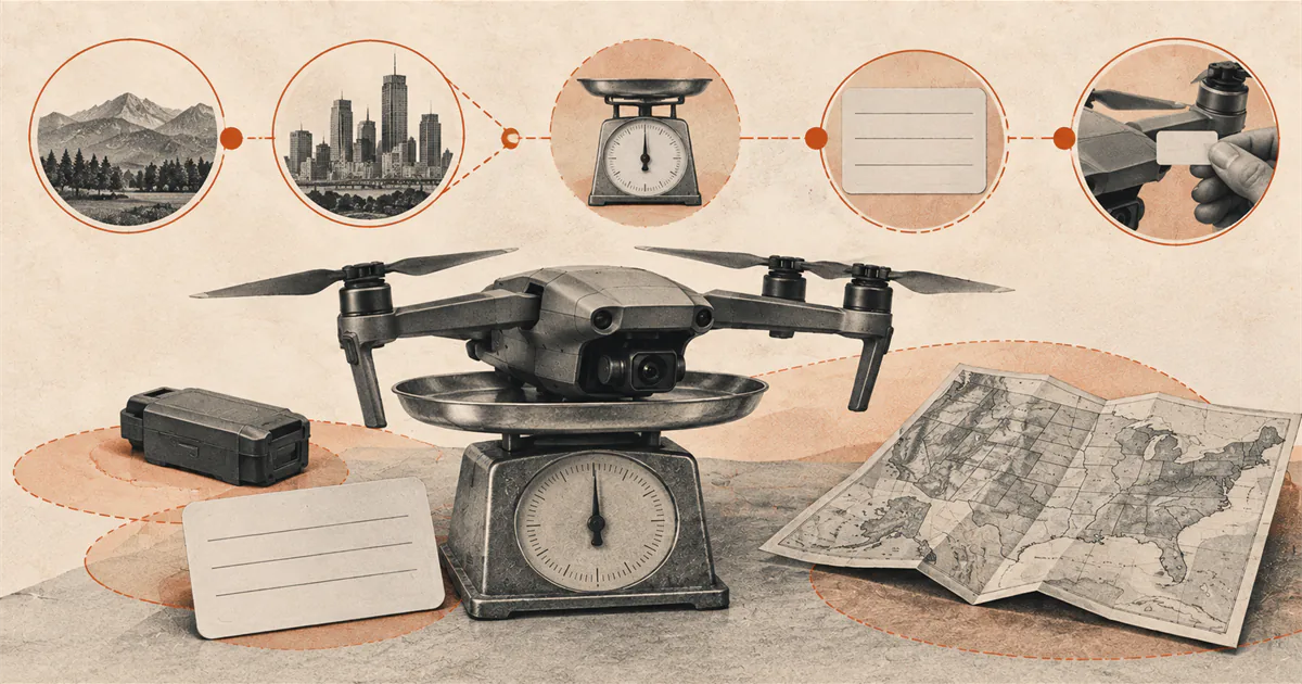 Drone on a balance scale beside a United States map and blank registration cards.