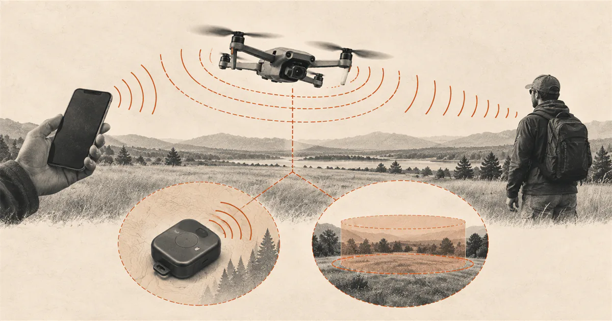 Drone broadcasting radio signals toward a phone, ground observer, module, and marked flying site.