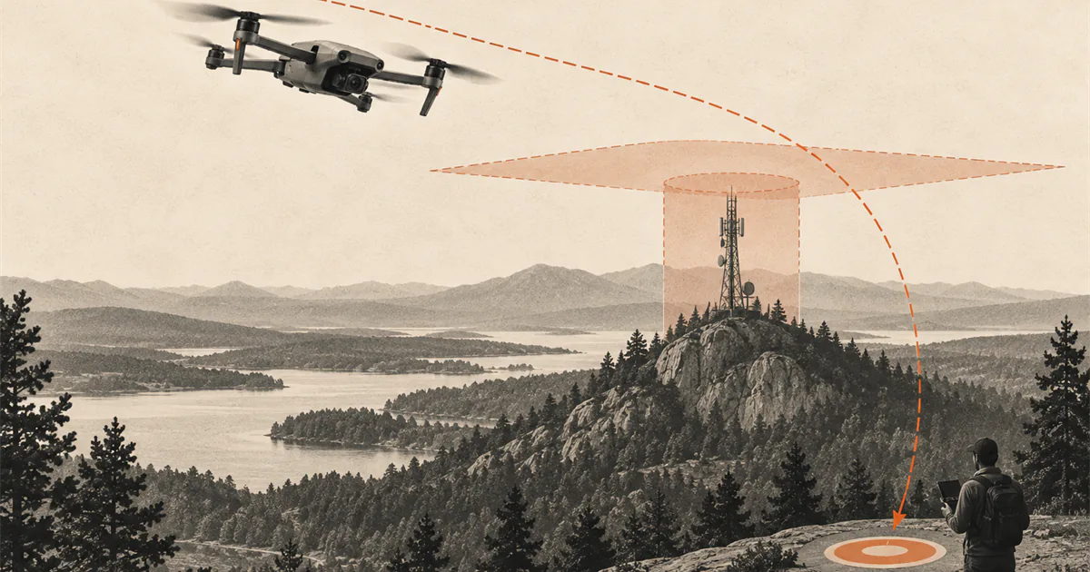 Drone following a return route above a radio mast toward a landing pad beside the pilot.