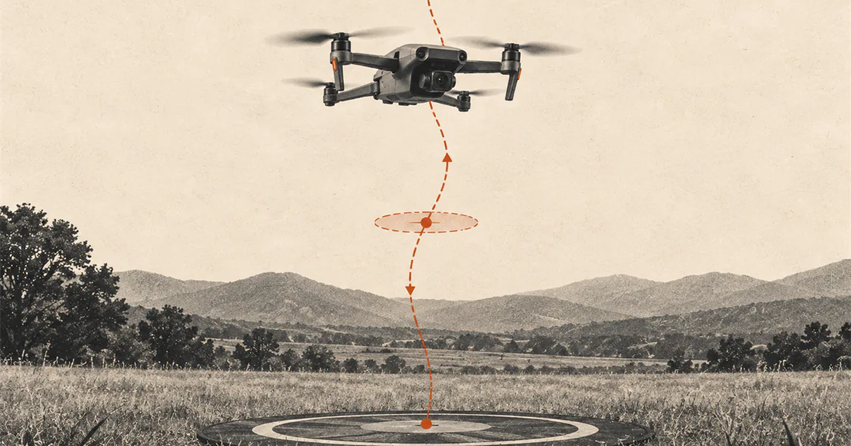 Drone following a controlled vertical route above a landing pad in an open field.