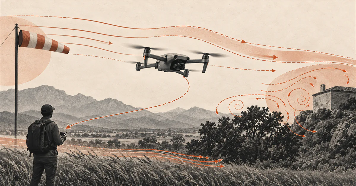 Drone flying near a windsock with airflow and turbulence paths around trees and a building.