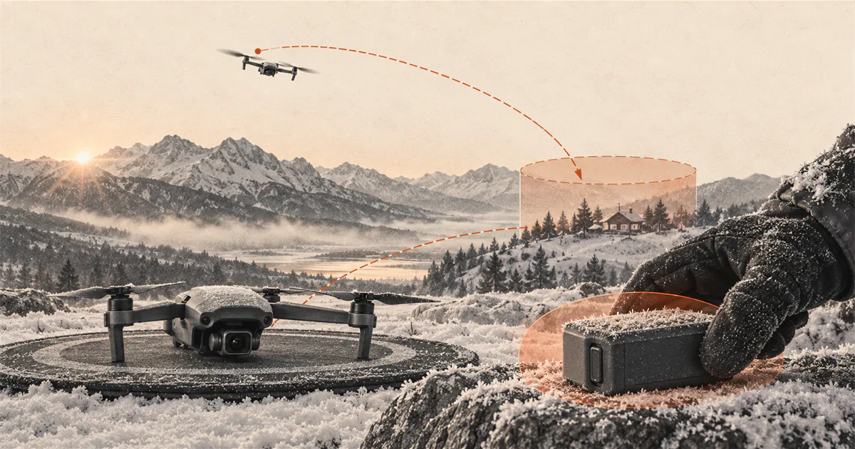 Drone on a snowy landing pad beside a gloved hand holding a frosted battery.