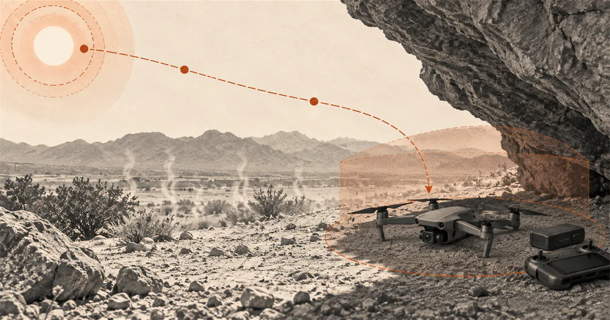 Drone, battery, and controller resting in rock shade beside a sunlit hot landscape.