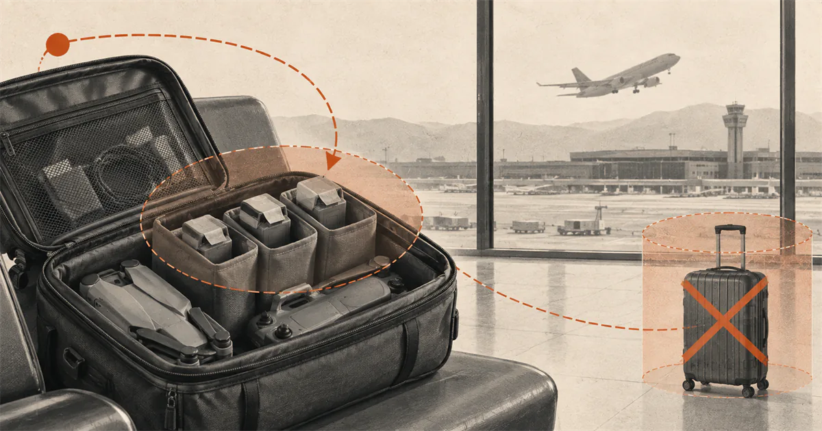 Protected drone batteries packed separately in an open carry-on bag at an airport.