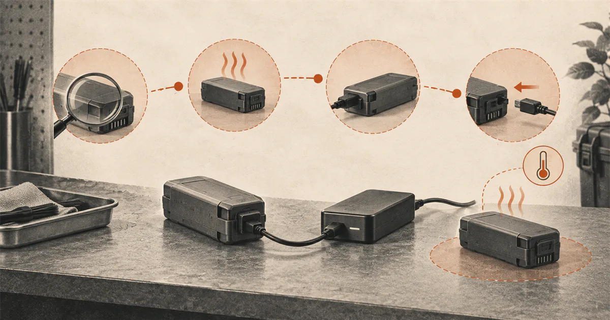 Drone batteries shown through inspection, cooling, charging, and disconnecting steps on a workbench.