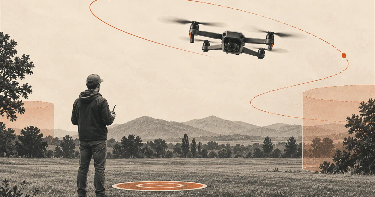 Pilot watching a drone make a low first-flight loop above a landing pad in an open field.