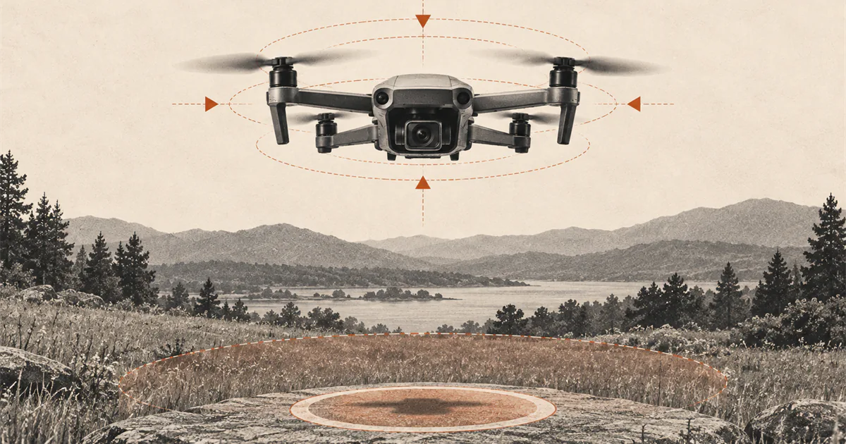 Drone centered above a landing pad with small correction arrows showing a steady hover.