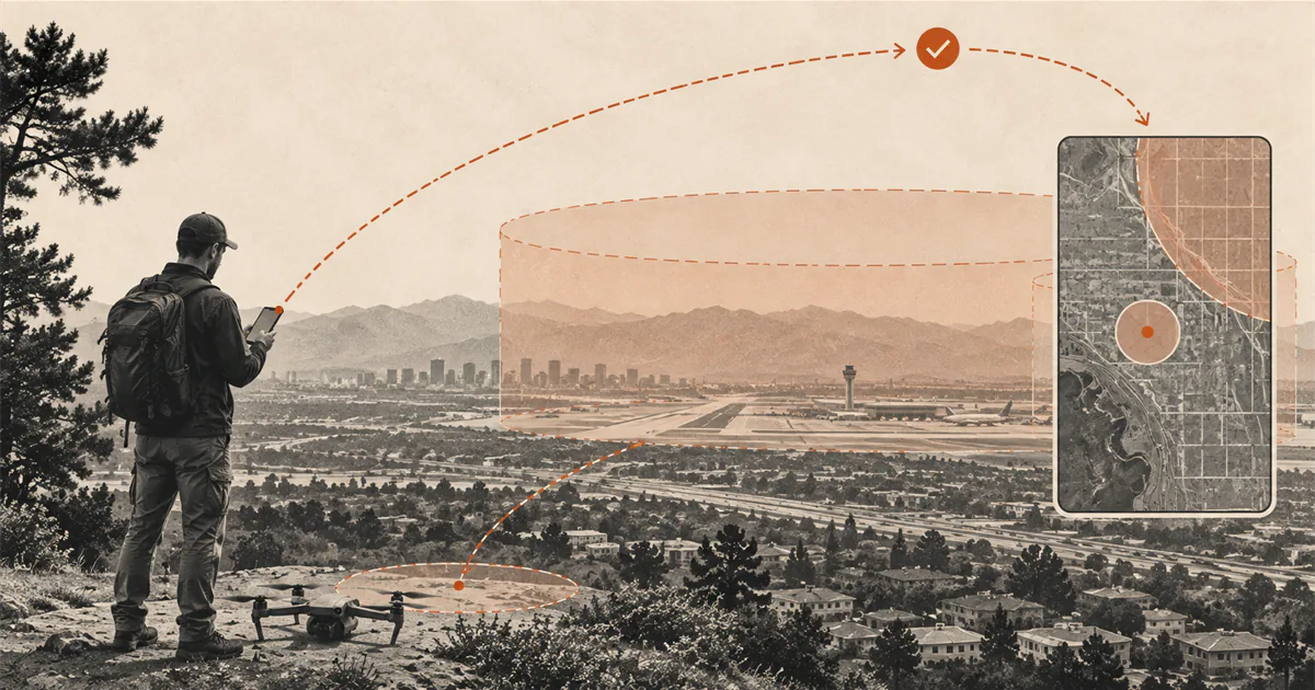 Pilot using a map beside controlled airport airspace and a marked authorized operating area.