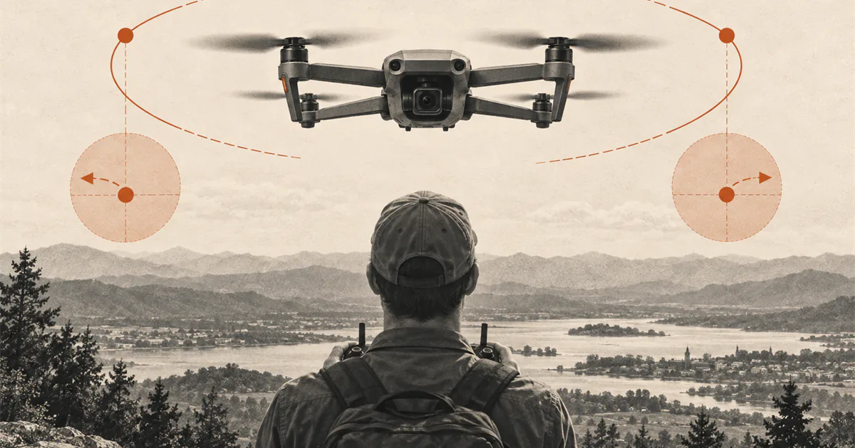 Pilot facing the nose of a hovering drone with mirrored left and right control guides.