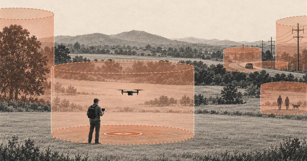 Pilot and drone inside a marked practice area separated from trees, a road, power lines, and people.