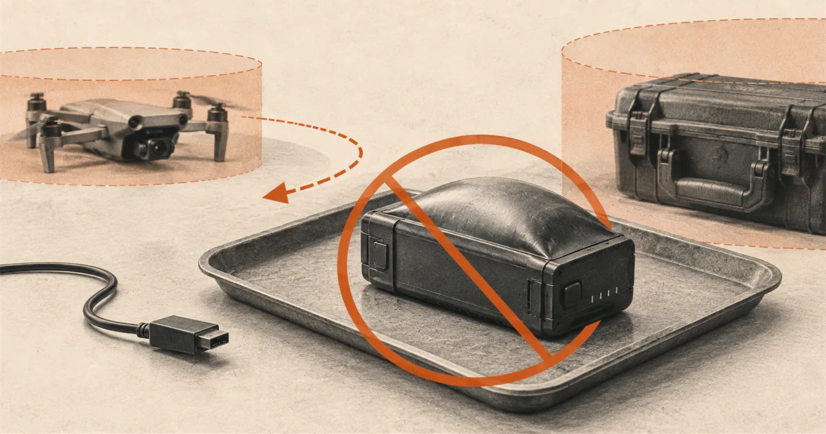 Swollen drone battery isolated on a metal tray with a prominent stop-use symbol.