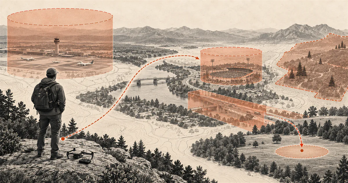 Pilot studying a landscape map with marked airport, stadium, road, forest, and clear flying areas.