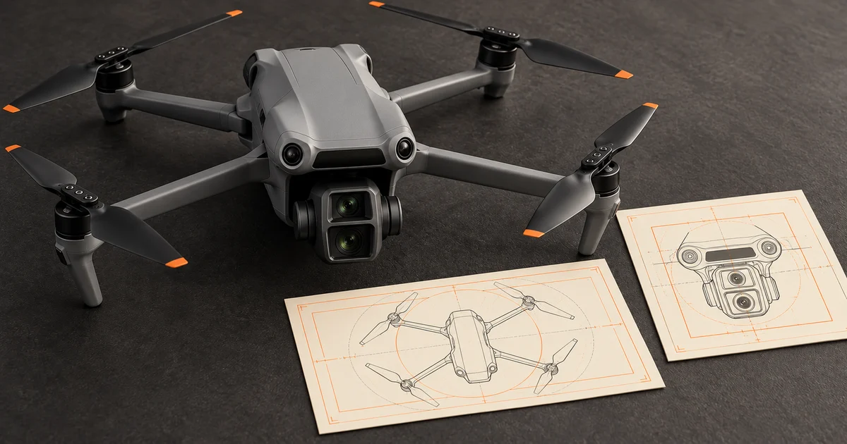 Reference-based illustration of an Air 3S with its stacked dual-camera gimbal and paper technical drawings.