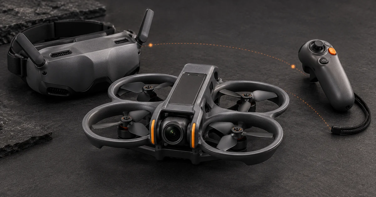 DJI Avata 2 shown with FPV goggles and a motion controller on a technical comparison surface