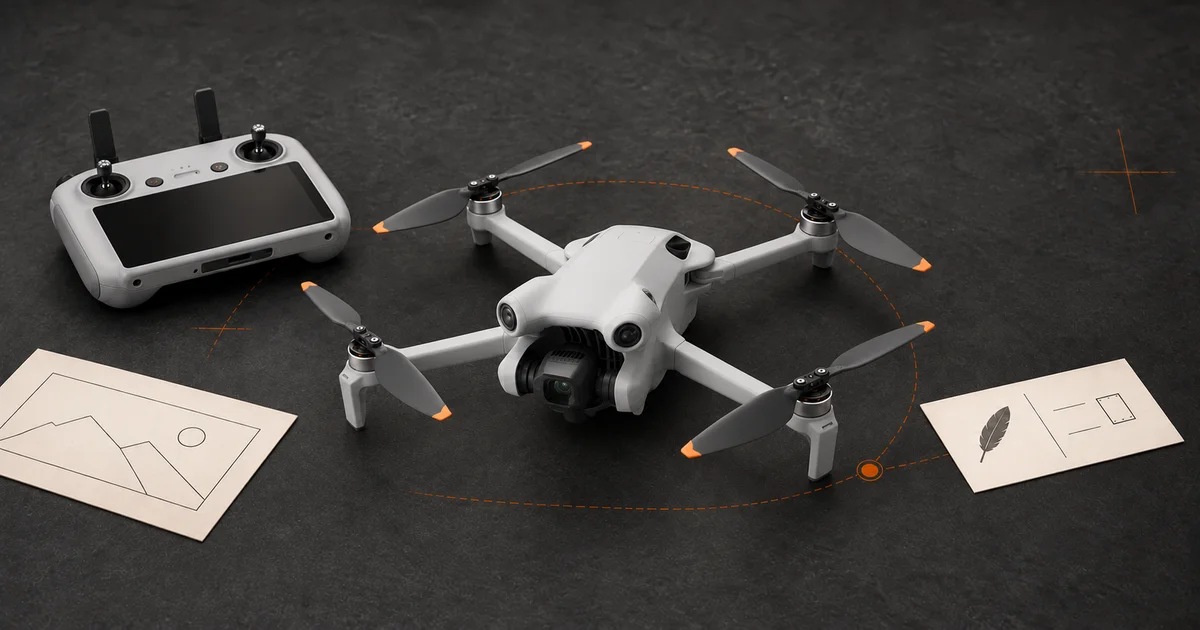 Reference-based illustration of a DJI Mini 4 Pro with an RC 2 screen controller on a charcoal tabletop.