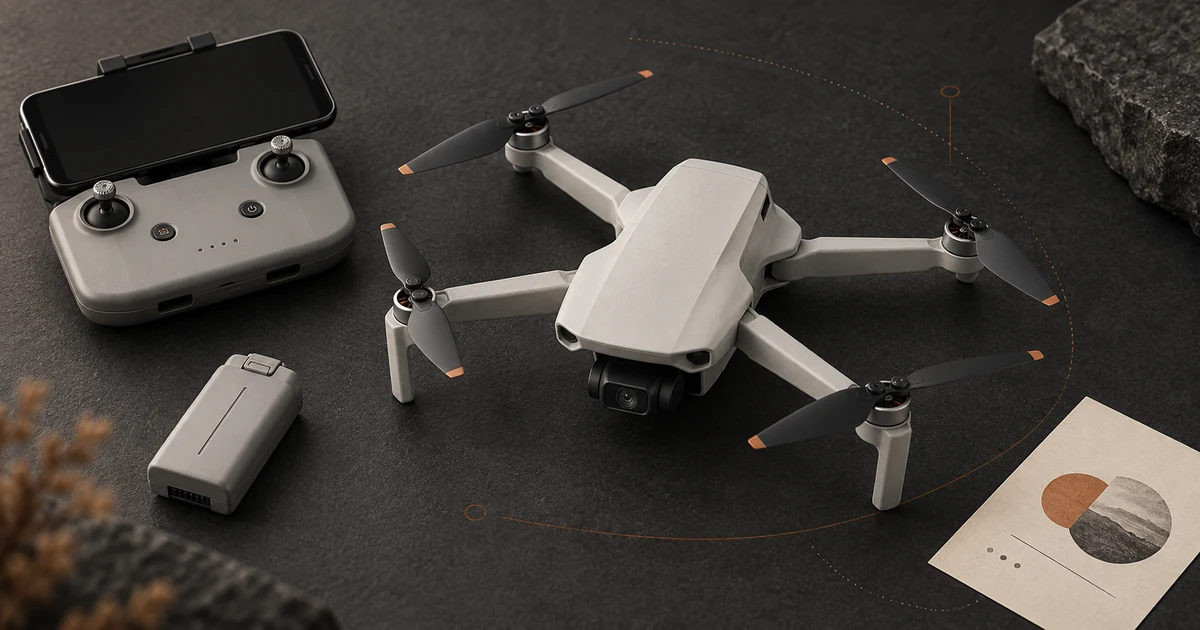 DJI Mini 4K with its phone controller and flight battery on a technical comparison surface