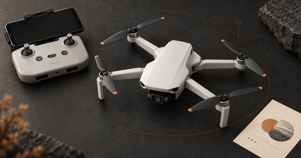 Reference-based illustration of a Mini 4K with its phone controller on a charcoal tabletop.