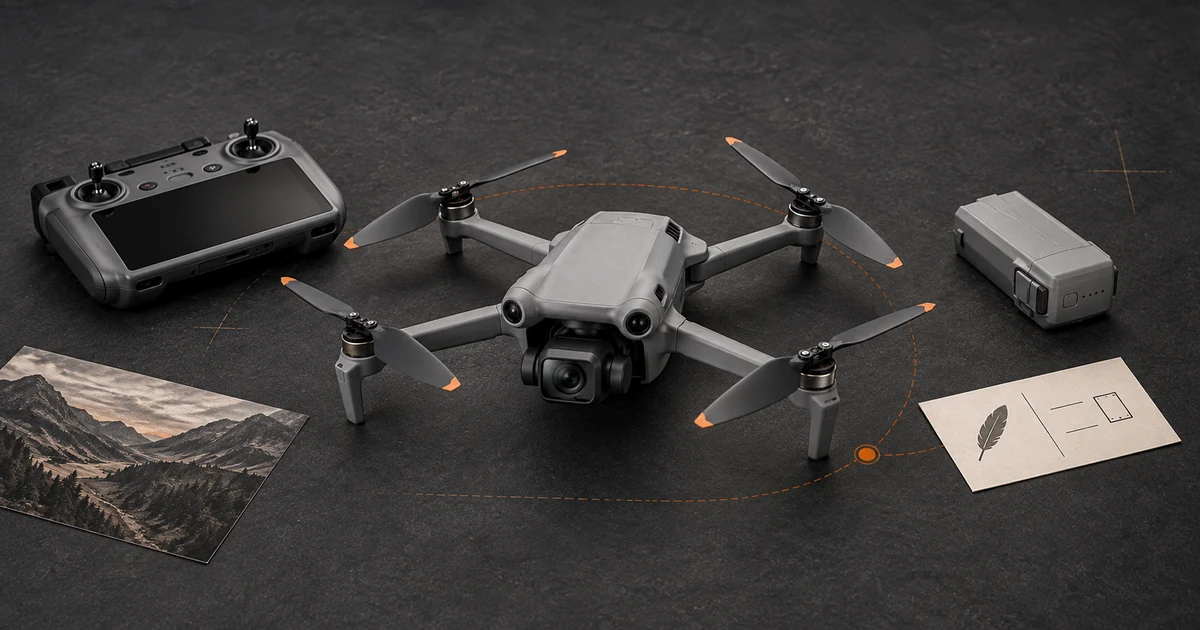 DJI Mini 5 Pro with its controller and flight battery on a technical comparison surface
