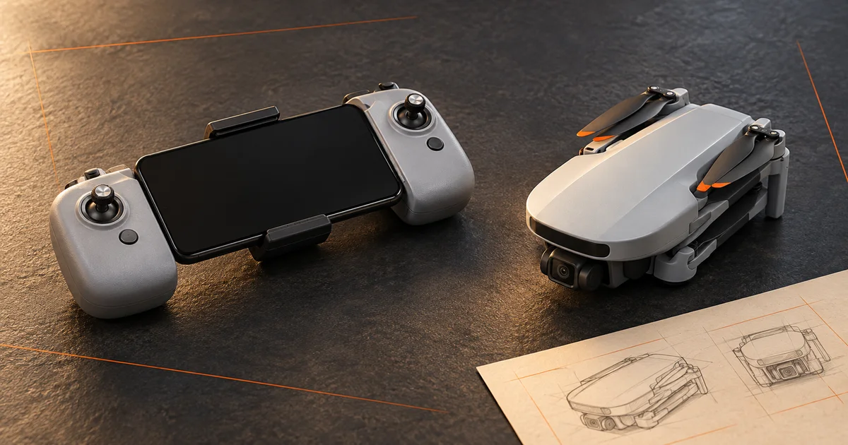 Reference-based illustration of a folded Potensic Atom 2 and PT1 controller with a phone between its grips.